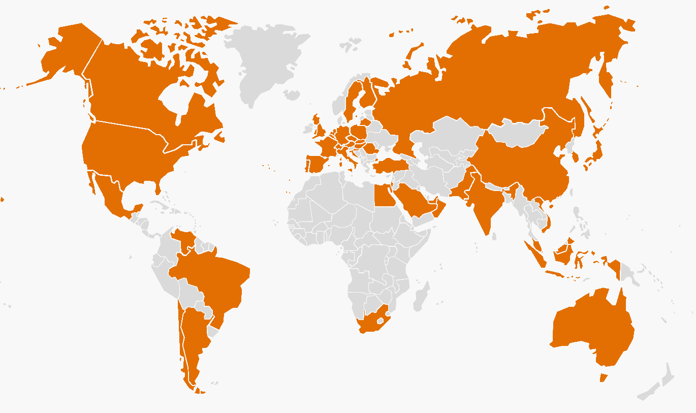 Weltkarte, auf der das Kundeneinzugsgebiet farbig markiert ist. Die hervorgehobenen Gebiete umfassen den Großteil von Amerika, Südamerika, Europa, Asien und Australien.